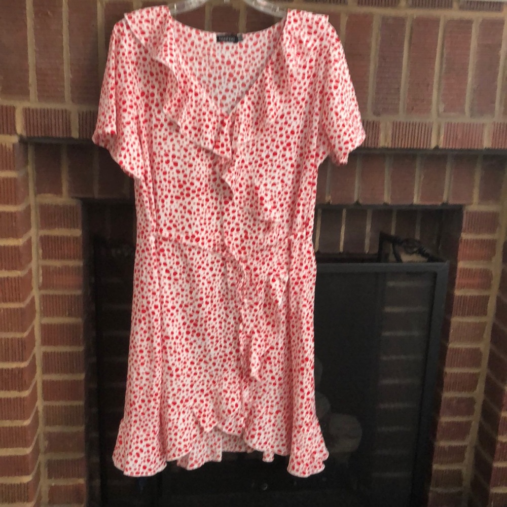 Boohoo red and white woven print ruffle tea dress